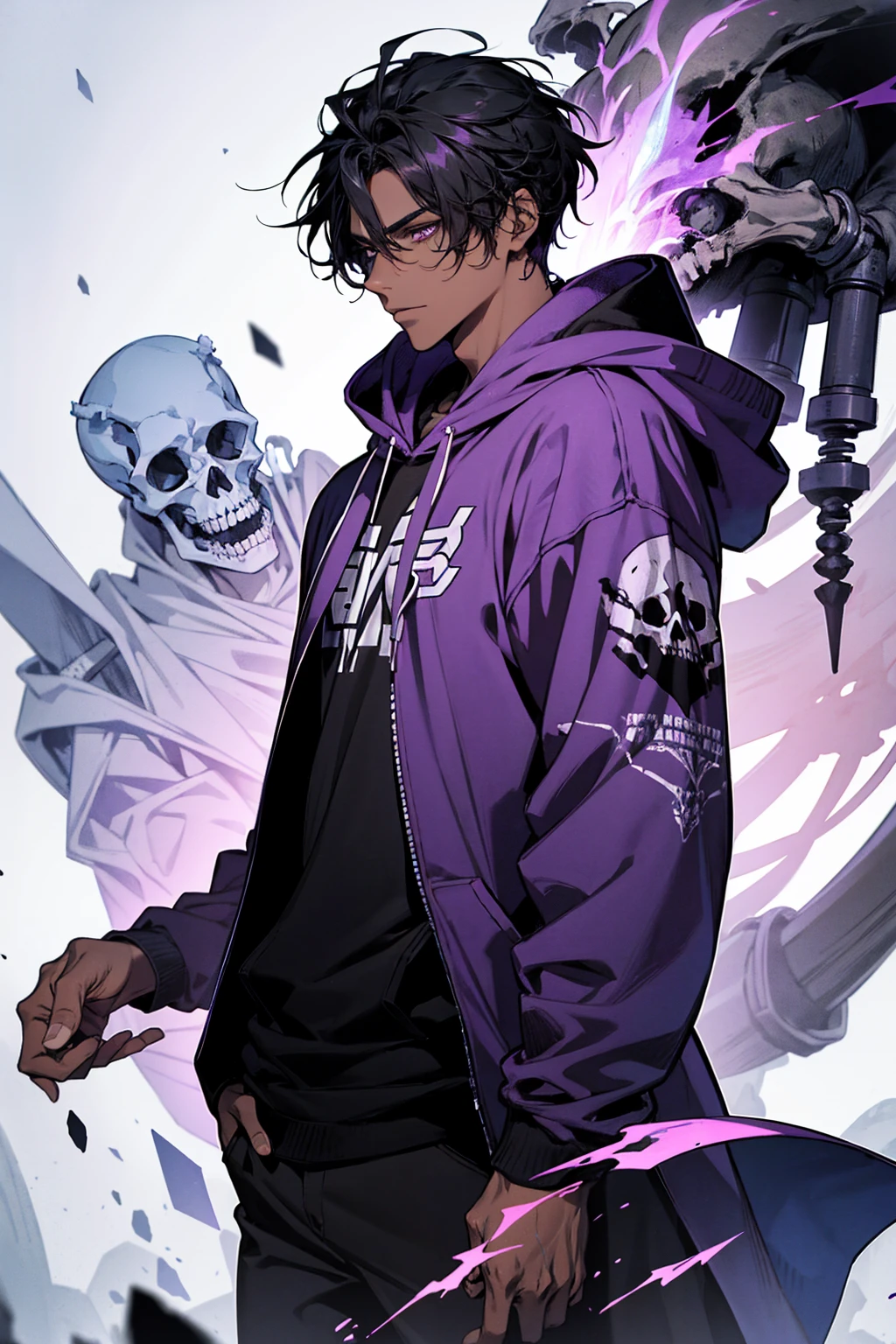male with bones, looking away from camera, skulls, bones, handsome, black, dark skin, tall, broad shoulders, black hair, purple, purple fire, magic, detailed face, fantasy, hoodie