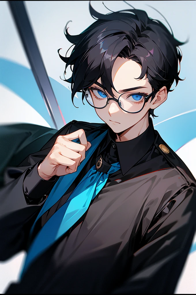 1 boy, black hair, blue eyes, black cloth, handsome, 15 years old ???, wearing uniform, wearing glasses, short hair
