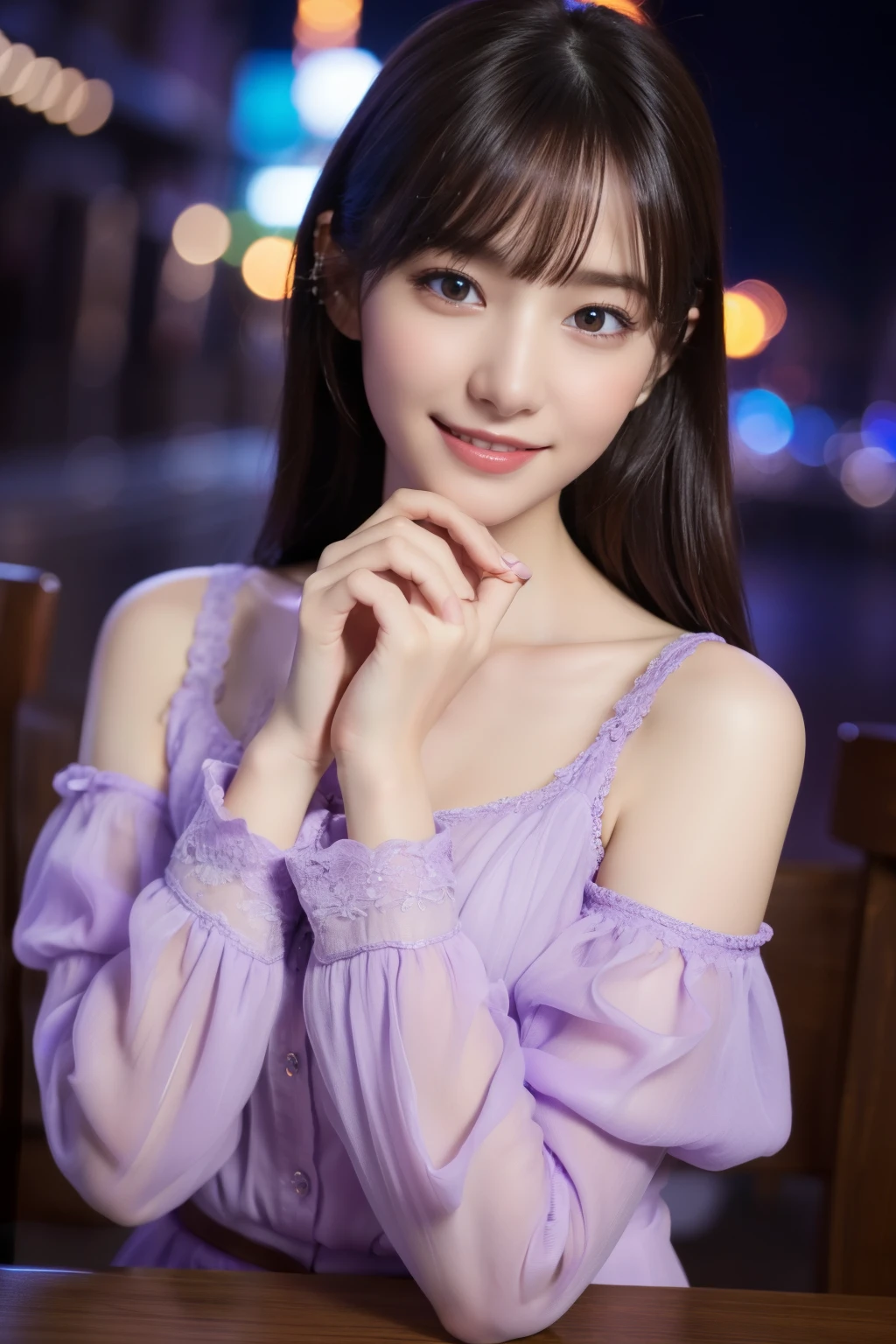 1 girl,(Wearing a lilac blouse:1.2),(Raw photo, highest quality), (realistic, Photoreal:1.4), table top, Very delicate and beautiful, very detailed, 2k wallpaper, wonderful, In detail, Very detailed CG Unity 8K wallpaper, very detailed, High resolution, soft light, Beautiful detailed girl, very detailed目と顔, beautifully detailed nose, detailed and beautiful eyes,Cinematic lighting,night city lights,perfect anatomy,Slender body,smile