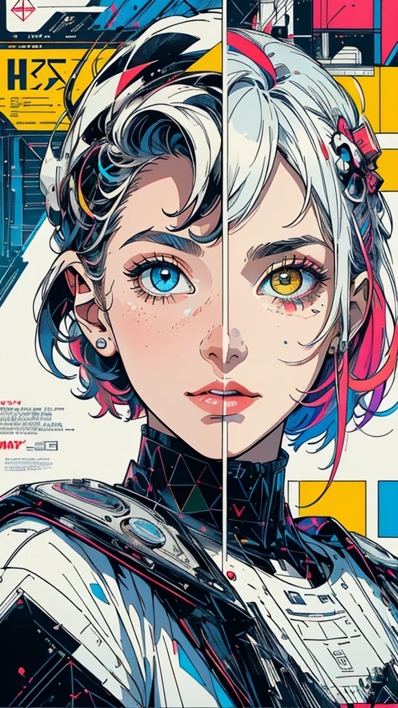 (((masterpiece, highest quality))),(((solo:1.2))),(((1girl:1.2))),32k wallpaper, very detailed, poster, vintage science fiction, 1960s,(((((geometric cinematic movie poster))))), (bauhaus), shape,(((abstract))), mid century modern, movie poster, vintage, Perfect Lady,1970's, halftone, speech bubble,(((portfolio,Close-up))),((various angle)),(((bust up))),((highlight)),Vast landscape,((((heterochromia)))),(((complete. detailed face))),(((Extremely talented))),(((most complecated machine))),((Overall colorfully)),(Looking up)