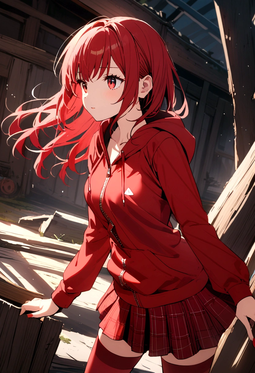 A girl with a red skirt red stockings red zip up hoody red hair and eyes