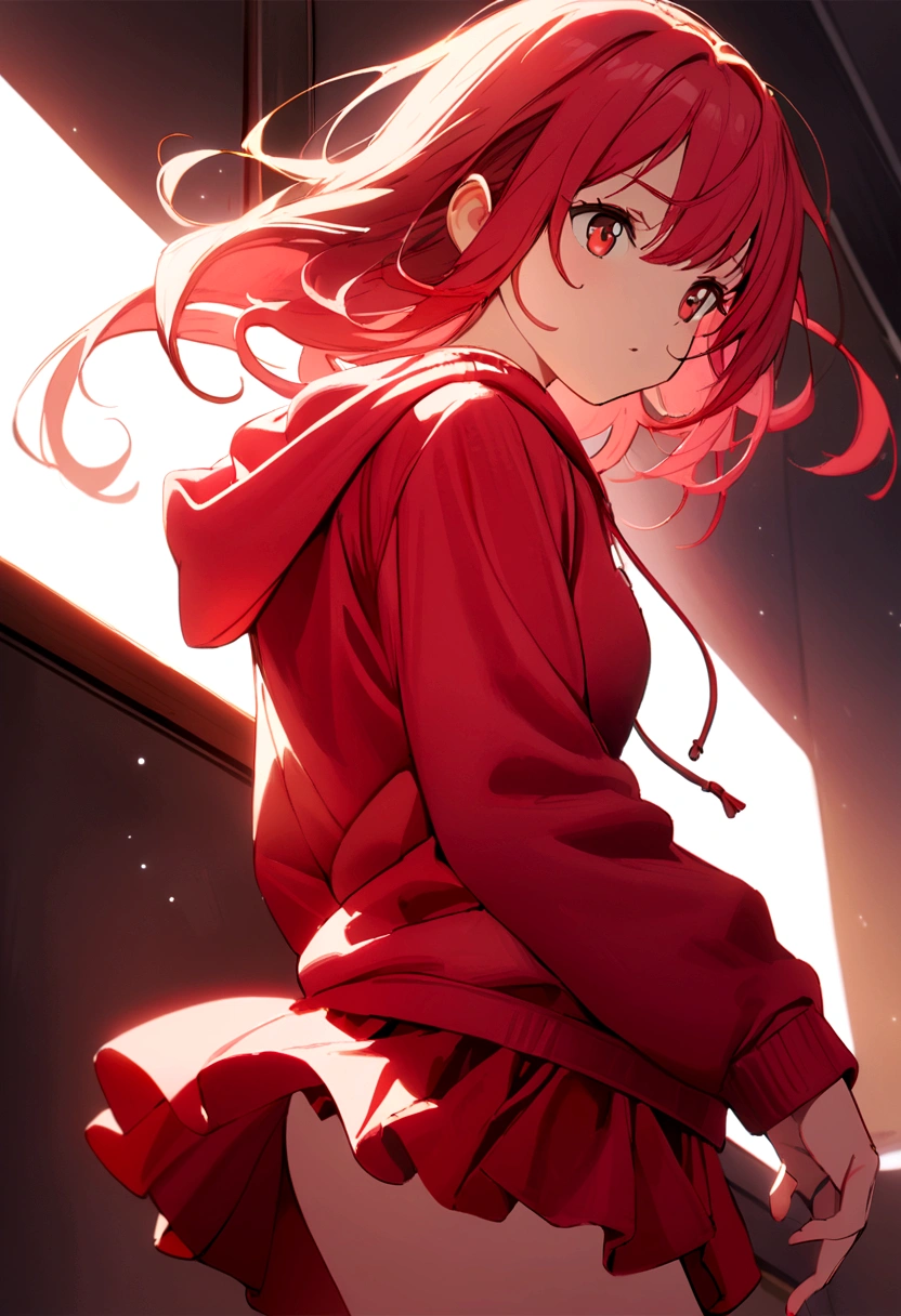 A girl with a red skirt red stockings red zip up hoody red hair and eyes
