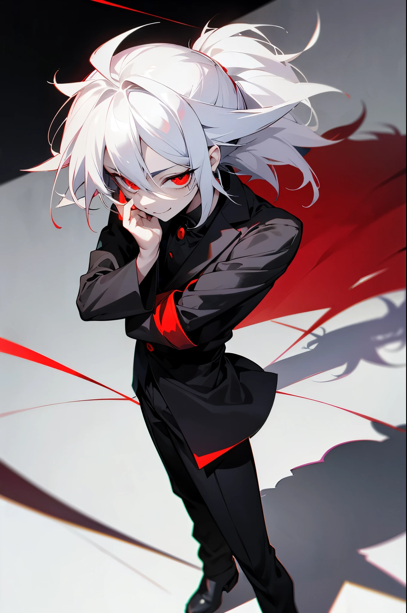 hight resolution,Anime boy with white hair and red eyes staring at camera, red eyes,slim, dressed in a black outfit,Shadow Body,,monochromes,hair messy,jEvil smile,Diagonal angle