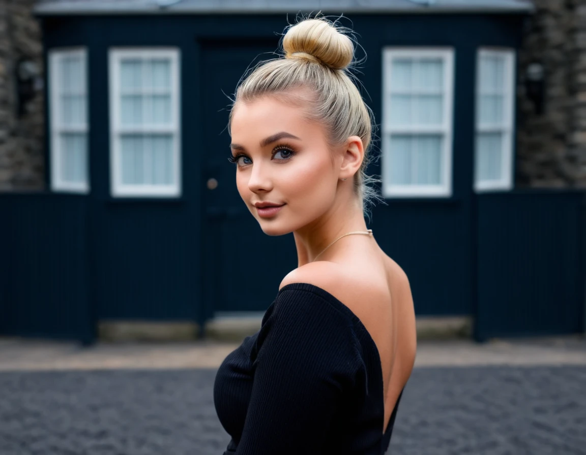 an eye contact of a blond with bun hair and dark theme , cute pose , background big house clear show