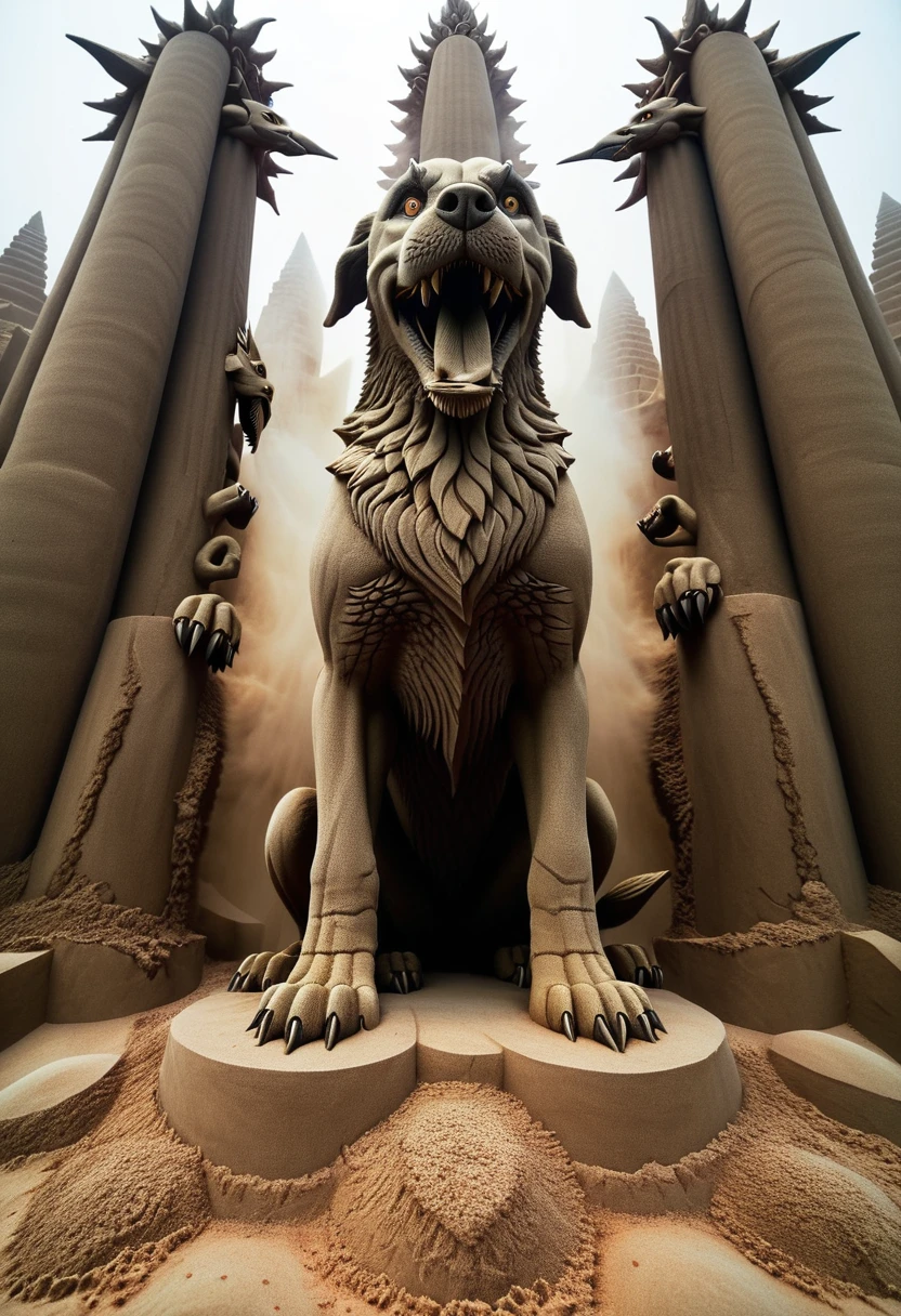 Sand sculpture style,  Three-headed dog wandering around in hell，Three heads，A huge pillar of fire emerges from its beak，Fly into the air，Sharp eyes，Fangs，Hell scenes，Strong sense of déjà vu 。