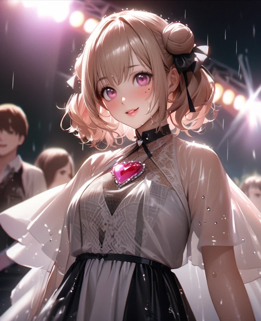 One Girl、Looking at the audience、lovely,
Beautiful pink eyes、Two brown double hair buns , Mole under the eye、Plump and glossy lips、Heart-shaped choca、Idol、Her name is May,smile、ー、。.。.。.。.。.。.。.。.。.。.。.。.。.。.。.。.。.。.3D、Realistic、
The idol's costume was soaked in the heavy rain, and her chest was wet and transparent.Heavy rain at outdoor concert, Drape clothes、gem、The decoration has been removed、Floral、Lace trim,On a glittering stage、
masterpiece、highest quality、8k、Detailed skin texture、Detailed cloth texture、Beautifully detailed face、Intricate details、Very detailed、
超A high resolution、8k Ultra HD、Film Grain、Best Shadow、delicate、Gazing at the audience、front
