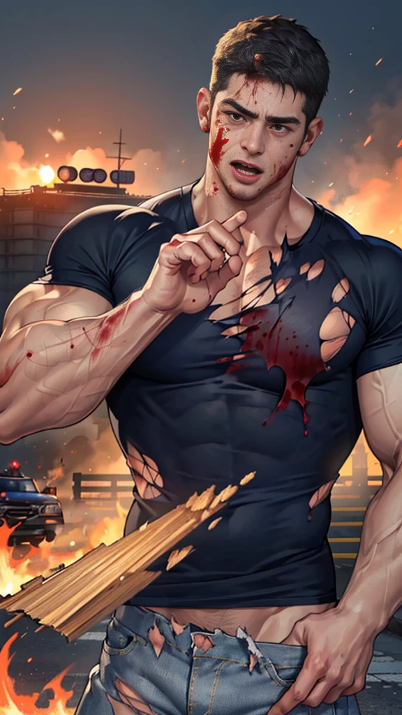 (Create a masterpiece: 1.2),(CGI art:1.3),(realistic:1.5),(After processing:1.3),(Sharp focus:1.3), (man Fight, join in battle:1.5 ),sunglass, straight, front ,Chris Redfield ,(black hair), smile open mouth, (Wear color navy round neck T-shirt: 1.5), (with a Police badge: 1.2), navy cargo, (Torn shirt:1.6), (wound: 1.3) , (blood splatters) ,( abrasions on face: 1.5), (Blood stains on the face and body: 1.4), Korean guy , korean men, (High gloss details), chest muscles, large arm muscles, blood vessel, Big muscles, Broad shoulders, looking at the audience, Balancing the eyes, middle of the road,(Fire blazes behind) ,(open mouth:1.6) ,(Arm_up:1.5)