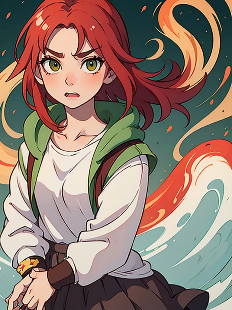Create an anime girl who looks 24 years old, she will have red hair and green eyes and an angry expression 