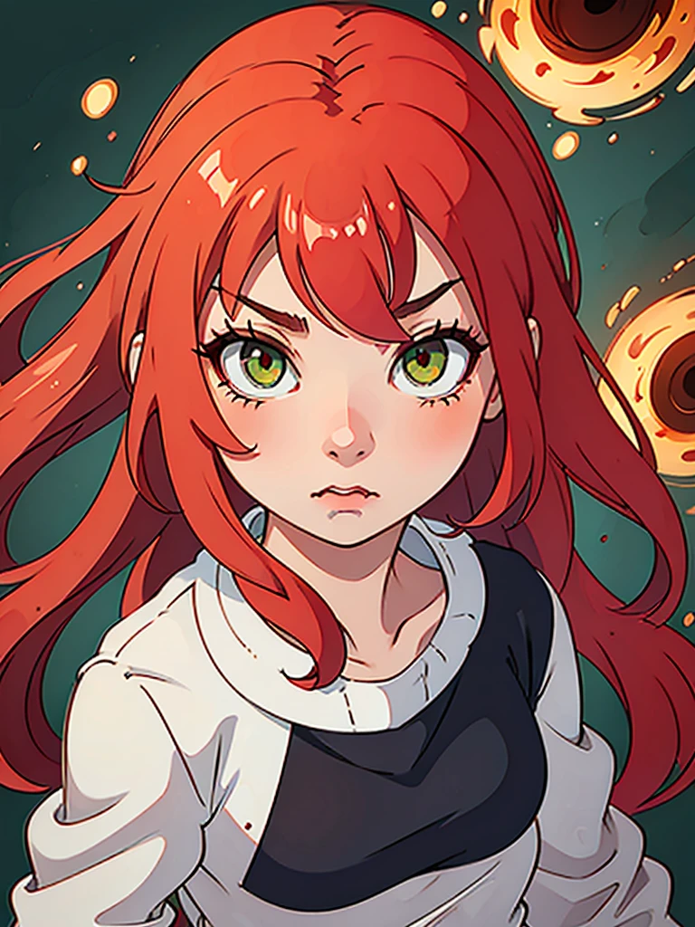 Create an anime girl who looks 24 years old, she will have red hair and green eyes and an angry expression