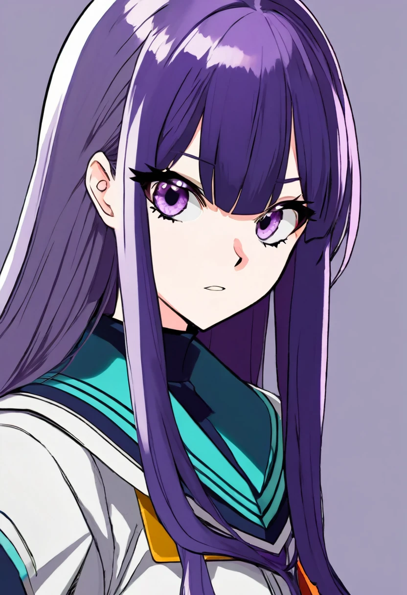 My Hero Academia style with the UA uniform - A girl with long straight dark purple hair and cute bangs with very pale white skin and purple eyes with very long eyelashes with a serious My Hero Academia style expression.