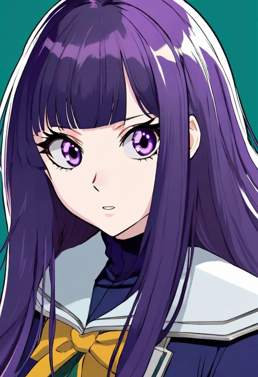 My Hero Academia style with the UA uniform - A girl with long straight dark purple hair and cute bangs with very pale white skin and purple eyes with very long eyelashes with a serious My Hero Academia style expression.