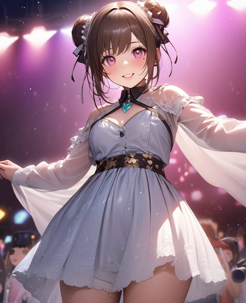 One Girl、Looking at the audience、lovely,
Beautiful pink eyes、Two brown double hair buns , Mole under the eye、Plump and glossy lips、Heart-shaped choca、Idol、Her name is May,smile、ー、。.。.。.。.。.。.。.。.。.。.。.。.。.。.。.。.。.。.3D、Realistic、
The idol's costume was soaked in the heavy rain, and her chest was wet and transparent.Heavy rain at outdoor concert, Drape clothes、gem、The decoration has been removed、Floral、Lace trim,On a glittering stage、
masterpiece、highest quality、8k、Detailed skin texture、Detailed cloth texture、Beautifully detailed face、Intricate details、Very detailed、
超A high resolution、8k Ultra HD、Film Grain、Best Shadow、delicate、Gazing at the audience、front