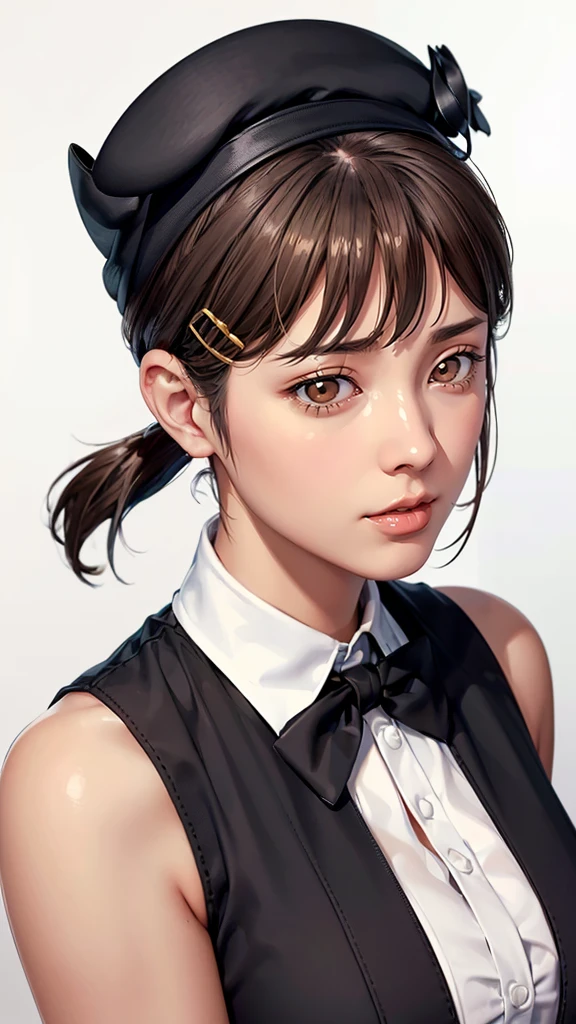 (((Perfect body,White and tender skin,(((Black strap dress, black long bow tie, white lining, black hat))),(((kobeni higashiyama, black hair, hair ornament, hairclip, ponytail, short hair, (brown eyes:1.5),))),((masterpiece)),highres,((Best quality at best)),masterpiece,quality,Best quality,((( Exquisite facial features,Looking at the audience,There is light in the eyes,(((pain,endure))),))),(((Light and shadow,Huge breasts,))),(((Looking at the camera,White background))))