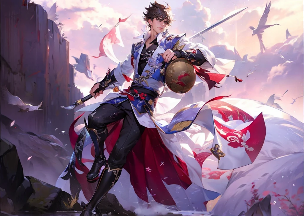 um close up de uma pessoa segurando uma espada e um porongo, por Yang J, Heise Jinyao, keqing do impacto genshin, zhongli do impacto genshin, cai xukun, arte oficial, mobile wallpaper, handsome guy in anime art, inspired por Yang Jin, Qi Yang, inspirado em Huang Shen, liang xing