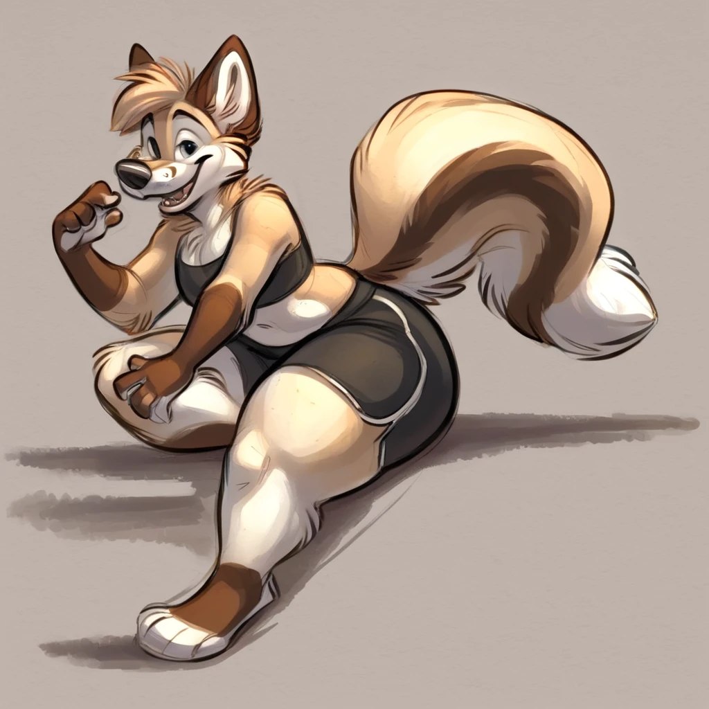 A anthropomorphic fox, wearing black swimming shorts, doing a sitting pin up pose, has thick thighs, high quality, crisp,