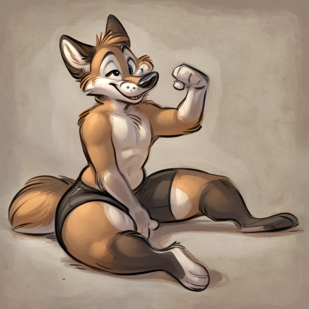 A anthropomorphic fox, wearing black swimming shorts, doing a sitting pin up pose, has thick thighs, high quality, crisp, 