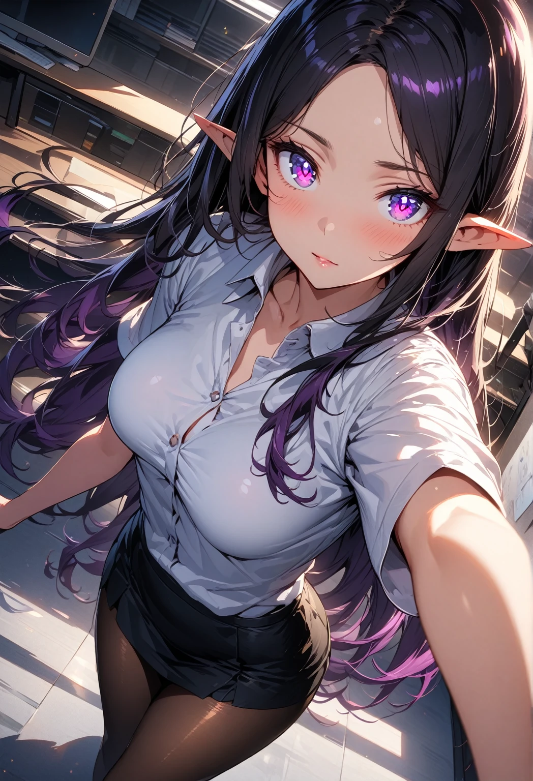 ((highest quality, best quality, masterpiece, ultra high definition, high dynamic range, ultra high resolution)), ((ultra-detailed illustrations:1.2)), 1 girl, solo, anime style, dynamic lighting, dynamic angle, looking at viewer, indoor, office, (beautiful detailed face, beautiful detailed skin, shiny skin, pointed ears, mid-chest), (beautiful detailed hair, parted bangs, long hair, black hair, dark purple hair, multi colored hair), (beautiful detailed eyes, beautiful detailed pupils, violet eyes), (white shirt, collared shirt, short sleeves, black mini skirt, pantyhose)
