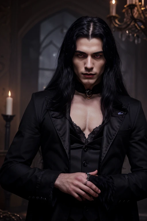 Lovely young handsome hetero Man Jinx Edward vampire with super big indigo eyes and gems and long black hair, with nice and delicate face, in a dark gothic magic castle with annie and claudia and Lestat, in Red Rose manor. Terror ambient. The more handsome man in the world. Night storm. Gothic scene. Cats eyes.Luxury. Violet. Superdelicious.