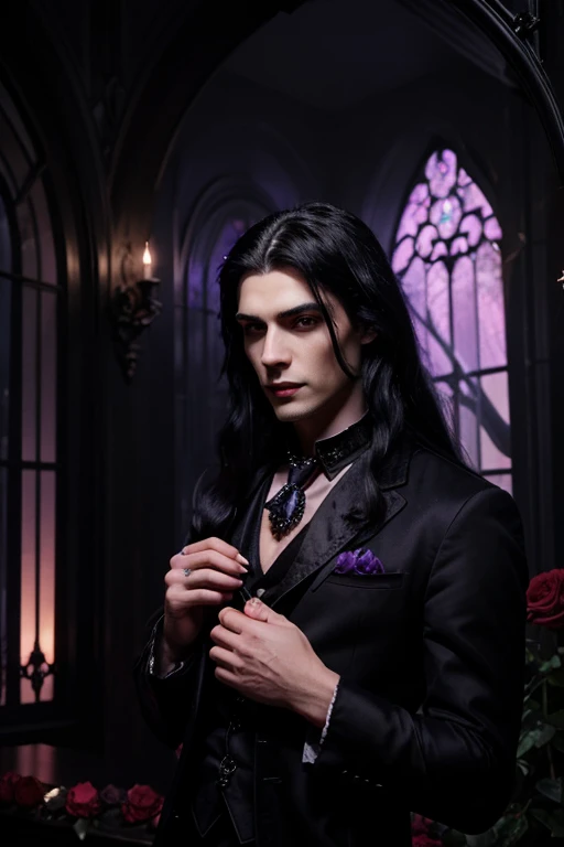 Lovely young handsome hetero Man Jinx Edward vampire with super big indigo eyes and gems and long black hair, with nice and delicate face, in a dark gothic magic castle with annie and claudia and Lestat, in Red Rose manor. Terror ambient. The more handsome man in the world. Night storm. Gothic scene. Cats eyes.Luxury. Violet. Superdelicious.