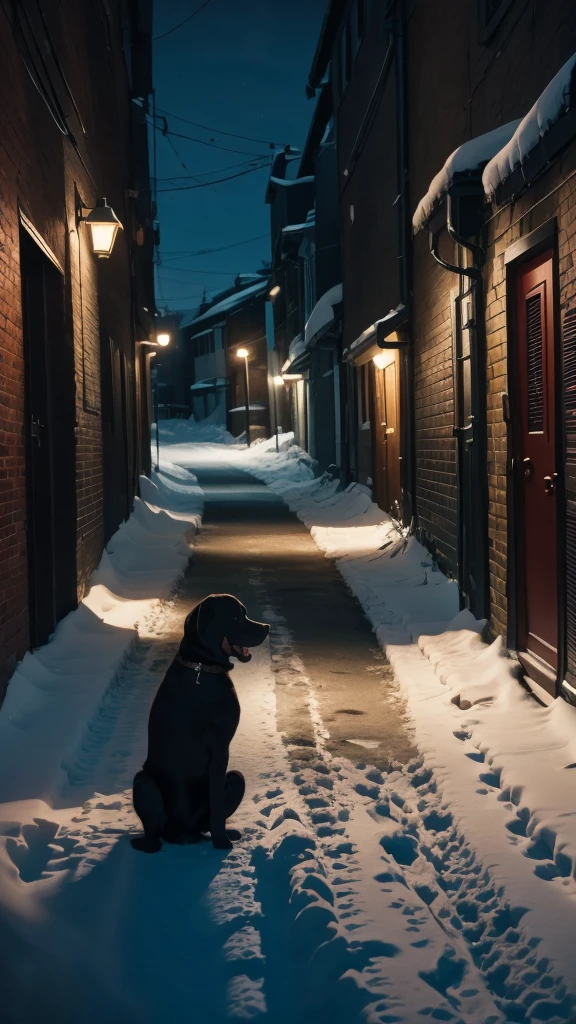 Black dog eating fishbone, alley, night, snow, car