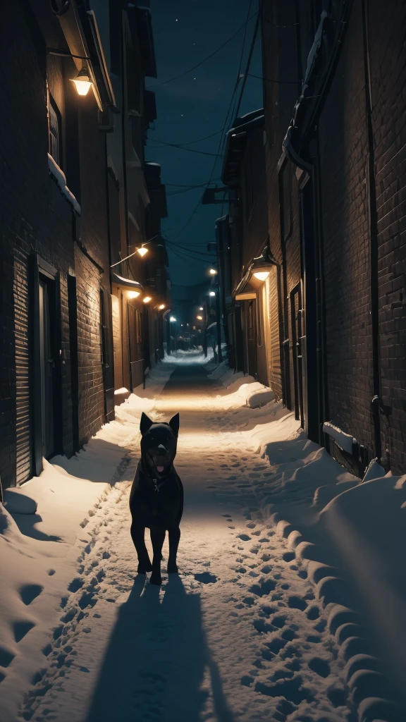 Black dog eating fishbone, alley, night, snow, car