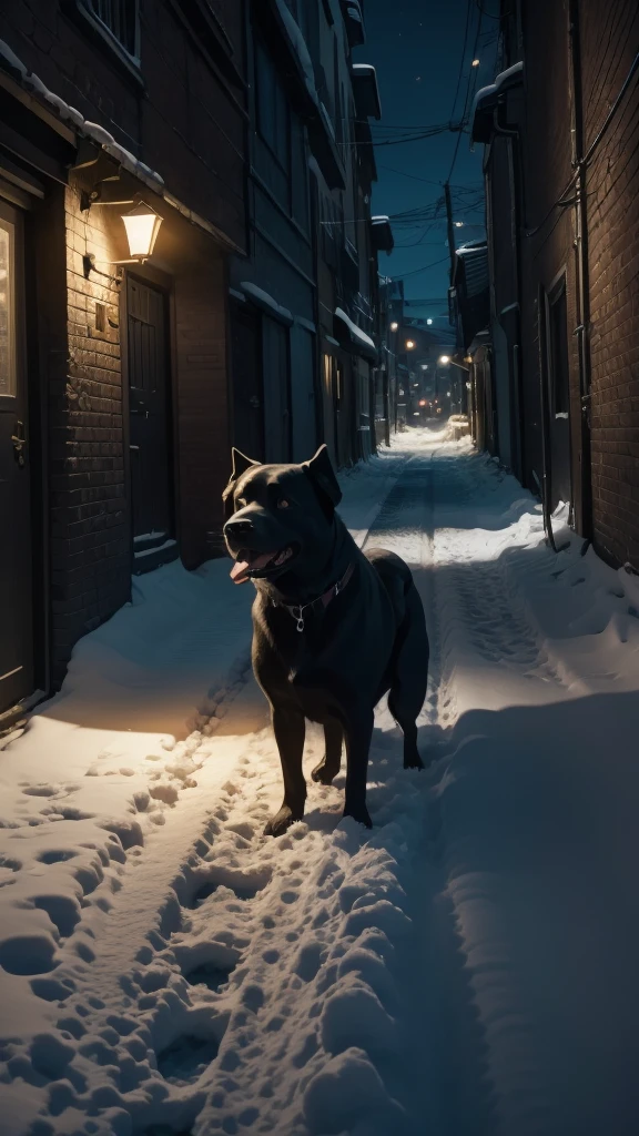 Black dog eating fishbone, alley, night, snow, car