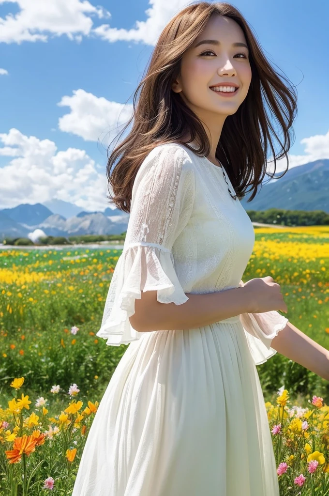 1 Girl, Dynamic Angle, Clouds and Mountains, (Flower Field: 1.4) in the foreground, White dress, Light tracing, (Floating Colorful Wind: 1) (Realistic: 1.4), Official Art, Unity 8k wallpaper, Ultra detailed, Beautiful and beautiful, Masterpiece, Best Quality, Glow Skin, Movie Lighting, Light Smile