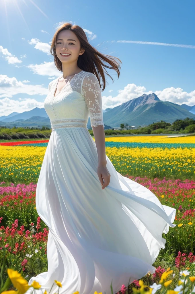 1 Girl, Dynamic Angle, Clouds and Mountains, (Flower Field: 1.4) in the foreground, White dress, Light tracing, (Floating Colorful Wind: 1) (Realistic: 1.4), Official Art, Unity 8k wallpaper, Ultra detailed, Beautiful and beautiful, Masterpiece, Best Quality, Glow Skin, Movie Lighting, Light Smile