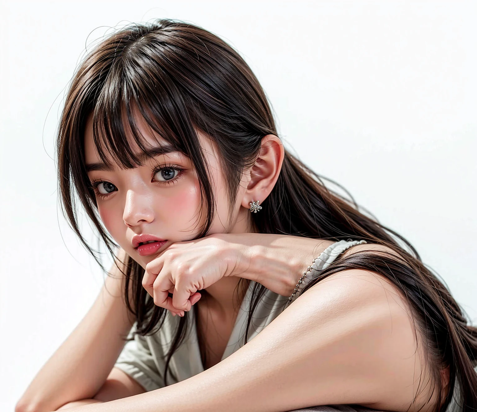(tongue out, colorful flowers background, White and Red, best quality,ultra-detailed,physically-based rendering:1.2), realistic,portrait,beautiful young woman with long wavy hair and mesmerizing eyes,delicate facial features, Glossy Red Lips, Glistening ivory skin, ((tongue playfully licking finger, fingers delicately holding in mouth)), (close-up shot of sensual lips),subtle blush on cheeks,sensual and sophisticated, alluring gaze. full of flowers covering girl's body, (correct hand, not Detailed fingers:-0.9), (((nipple:-0.9))) .