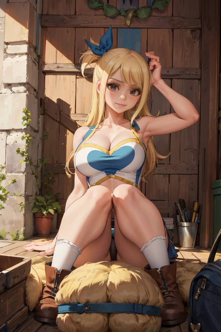 (Obra maestra, La mejor calidad:1.2), solamente, 1 chica, Lucy Heartfilia, They're smiling, Buscando el visor de TA, manos en las caderas, azul sin mangas, minifalda, Botas de muslo, hermosa