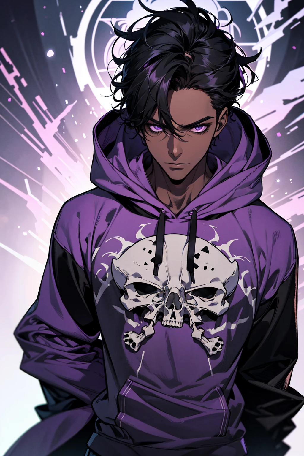 male with bones, looking away from camera, skulls, bones, handsome, black, dark skin, tall, broad shoulders, black hair, purple, purple fire, magic, detailed face, fantasy, hoodie