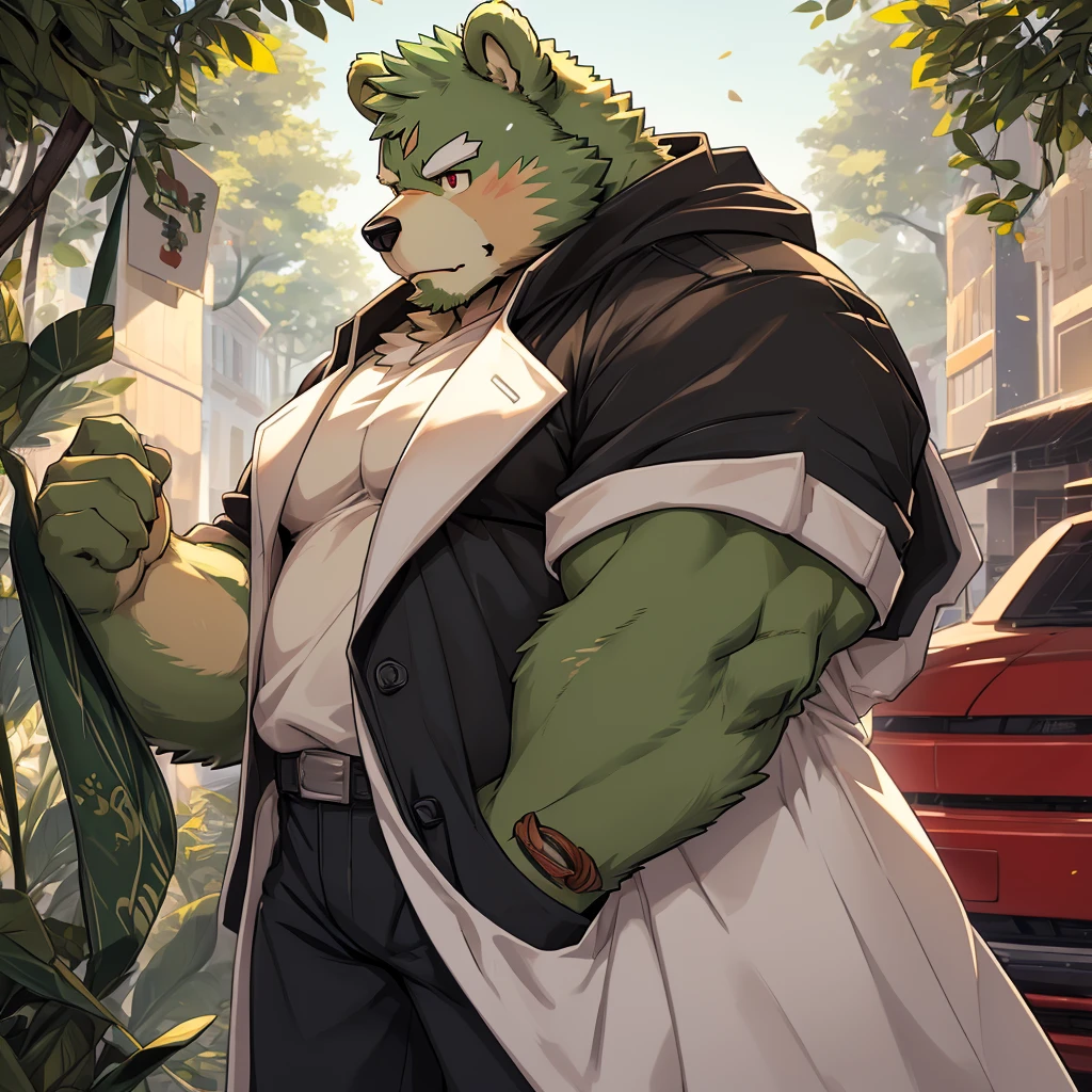 masterpiece, high quality, anime, detailed eyes, male jinpei, anthro, bear, Great physique, strong arms manly, Casual suit, (((green bear))), (((green fur))), green hair, beard, white eyebrows, bald, detailed red eyes, tall, Joyful, (black t-shirt inside), (((white unhooded trench coat ))), by zixiong, by suv, Cute stickers Very detailed, clean, high quality, sharp image, (((stickers)))