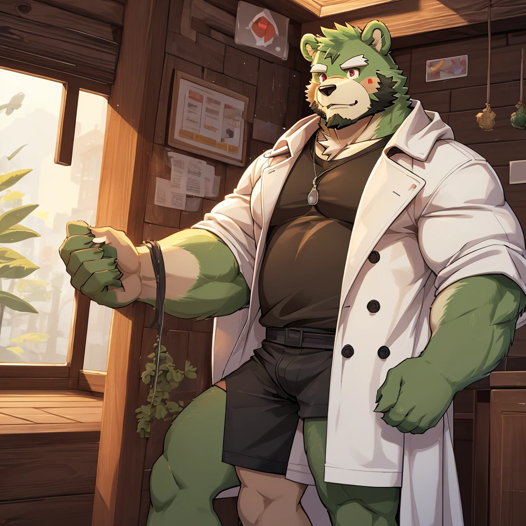 masterpiece, high quality, anime, detailed eyes, male jinpei, anthro, bear, Great physique, strong arms manly, Casual suit, (((green bear))), (((green fur))), green hair, beard, white eyebrows, bald, detailed red eyes, tall, Joyful, (black t-shirt inside), (((white unhooded trench coat ))), by zixiong, by suv, Cute stickers Very detailed, clean, high quality, sharp image, (((stickers)))