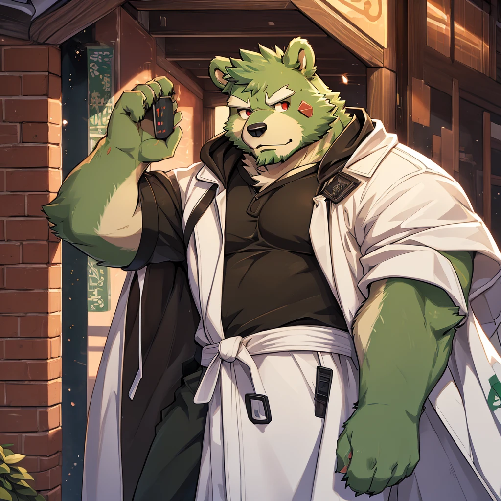anthro, kemono, male, solo, ((round face, very plump face, thick beard)), (((dark beard))), ((endomorph body type, old-aged, mature)), ((green bear, bear) fluffy fur, fluffy), (high quality, highres, masterpiece), (dynamic lighting, vivid color), (generous smile), (face focus), front view (close up), cartoon, (((green bear))), (((green fur))), green hair, beard, white eyebrows, bald, red eyes, tall, (((black t-shirt inside, white long coat unhood, gray trousers, boots))) by zixiong, by takemoto arashi, by zixiong, (by null-ghost:0.8), (by t.y.stars:0.4), black necktie, solo, fatness,The shirt, 1boy, white shirt, The upper part of the body, malefocus, collared shir, trouser, Looks to the side, Harnes, chest muscle, Sleeves rolled up, Wrist watch, Wrist watch, sbeard, Yellow eyes, Detailed eyes