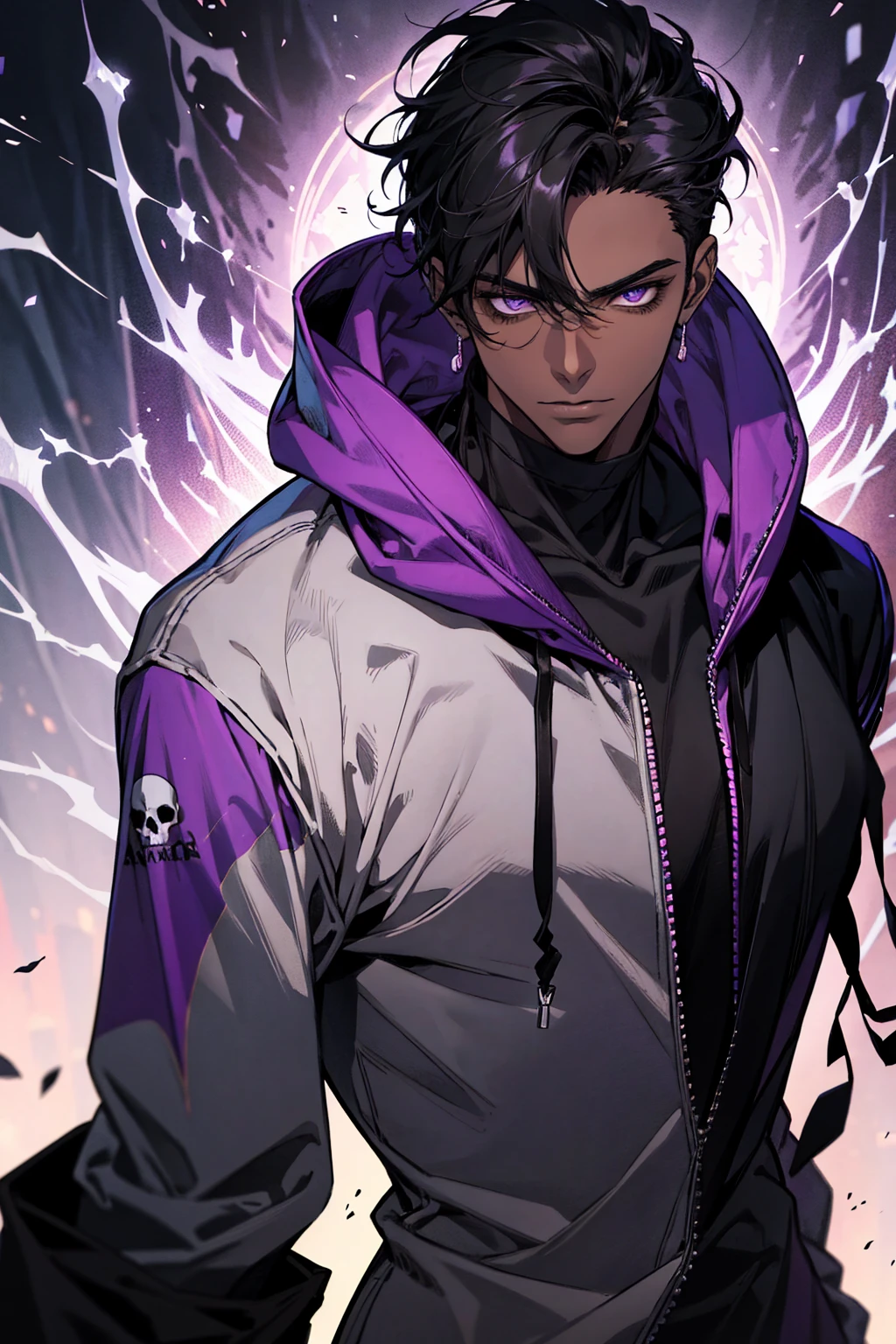 male with bones, looking away from camera, skulls, bones, handsome, black, dark skin, tall, broad shoulders, black hair, purple, purple fire, magic, detailed face, fantasy, hoodie