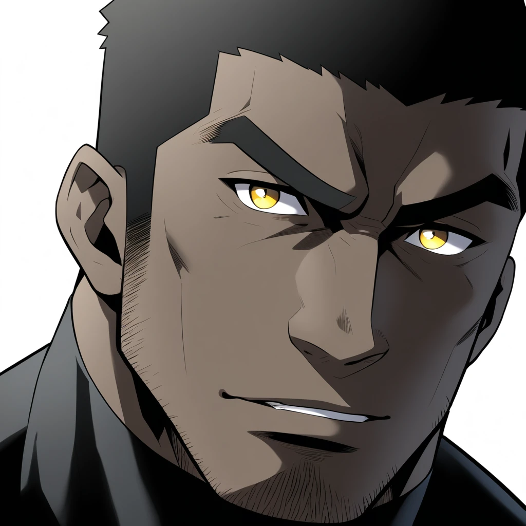 one negro, anime characters:Gyee, Hibino Kafka, Muscle Sports Student, negro black skin, Very Black, muscular tough guy, Manliness, male focus, Dark grey turtleneck tight T-shirt, Regular symmetrical pattern, Very tight, muscular male, muscular, only, Upper body, alone, Black short hair, Thick eyebrows, stubble, Yellow eyes, White background, simple background, amazing quality, best aesthetics, Ridiculous, bright pupils, crew cut, parted lips, seductive smile, torogao, naughty face, best quality