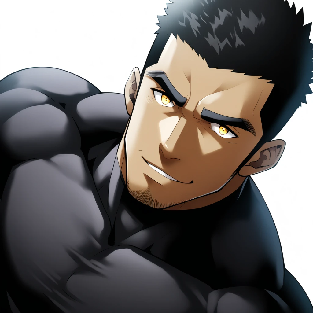 one negro, anime characters:Gyee, Hibino Kafka, Muscle Sports Student, negro black skin, Very Black, muscular tough guy, Manliness, male focus, Dark grey turtleneck tight T-shirt, Regular symmetrical pattern, Very tight, muscular male, muscular, only, Upper body, alone, Black short hair, Thick eyebrows, stubble, Yellow eyes, White background, simple background, amazing quality, best aesthetics, Ridiculous, bright pupils, crew cut, parted lips, seductive smile, torogao, naughty face, best quality