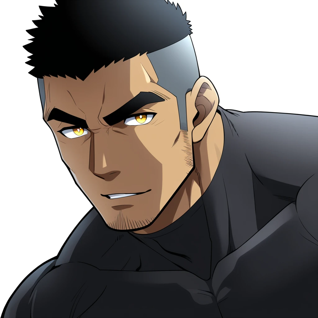 one negro, anime characters:Gyee, Hibino Kafka, Muscle Sports Student, negro black skin, Very Black, muscular tough guy, Manliness, male focus, Dark grey turtleneck tight T-shirt, Regular symmetrical pattern, Very tight, muscular male, muscular, only, Upper body, alone, Black short hair, Thick eyebrows, stubble, Yellow eyes, White background, simple background, amazing quality, best aesthetics, Ridiculous, bright pupils, crew cut, parted lips, seductive smile, torogao, naughty face, best quality