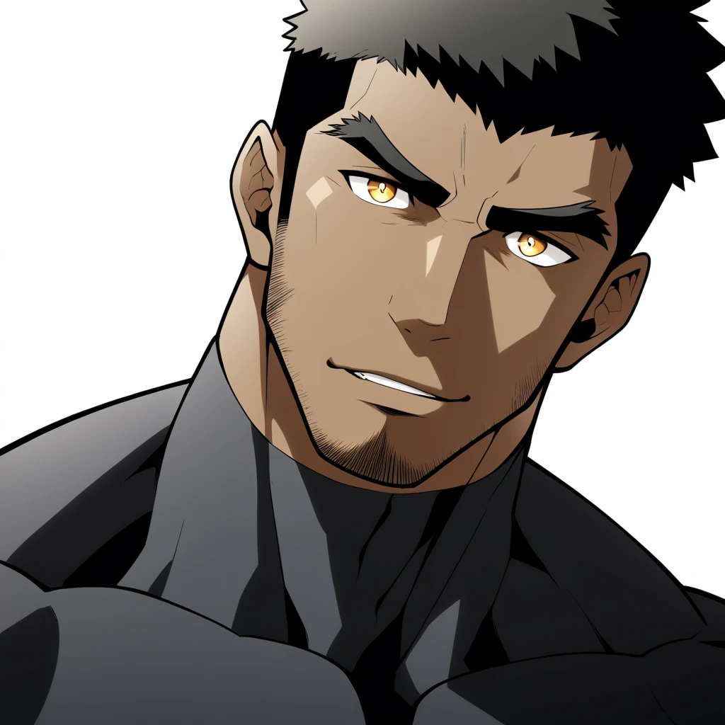 one negro, anime characters：Gyee, Hibino Kafka, Muscle Sports Student, negro black skin, Very Black, muscular tough guy, Manliness, male focus, Dark grey turtleneck tight T-shirt, Regular symmetrical pattern, Very tight, muscular male, muscular, only, Upper body, alone, Black short hair, Thick eyebrows, stubble, Yellow eyes, White background, simple background, amazing quality, best aesthetics, Ridiculous, bright pupils, crew cut, parted lips, seductive smile, torogao, naughty face, best quality