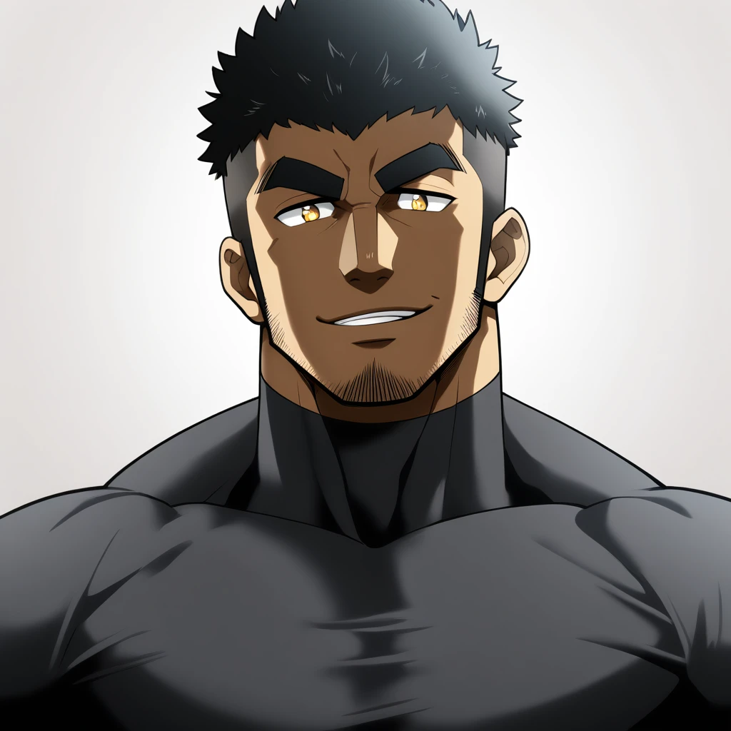 one negro, anime characters：Gyee, Hibino Kafka, Muscle Sports Student, negro black skin, Very Black, muscular tough guy, Manliness, male focus, Dark grey turtleneck tight T-shirt, Regular symmetrical pattern, Very tight, muscular male, muscular, only, Upper body, alone, Black short hair, Thick eyebrows, stubble, Yellow eyes, White background, simple background, amazing quality, best aesthetics, Ridiculous, bright pupils, crew cut, parted lips, seductive smile, torogao, naughty face, best quality