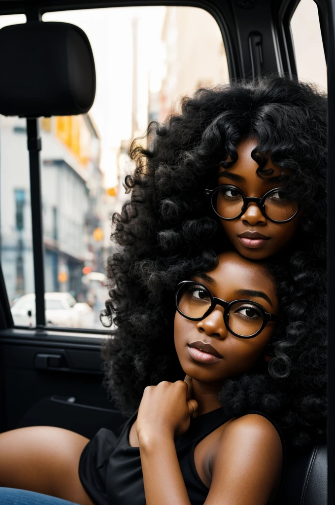 Manga comic, Black, Afro-descendant girl, waist-length hair, with curly bangs, wearing a black top and dark glasses inside a taxi in a city at midnight