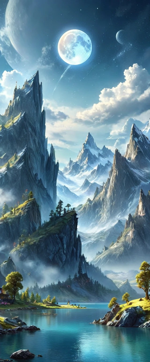 Mountains and lake with moon in the sky、highly detailed digital art in 4K、4K HD Wallpapers Highly detailed and impressive fantasy landscapes、Sci-Fi Fantasy Desktop Wallpaper、Unreal Engine 4K Wallpapers、4K detailed digital art、Sci-Fi Fantasy Wallpaper、Spectacular dreamy fantasy landscape、4K HD Matte Digital Painting、Stunning artwork in 8k