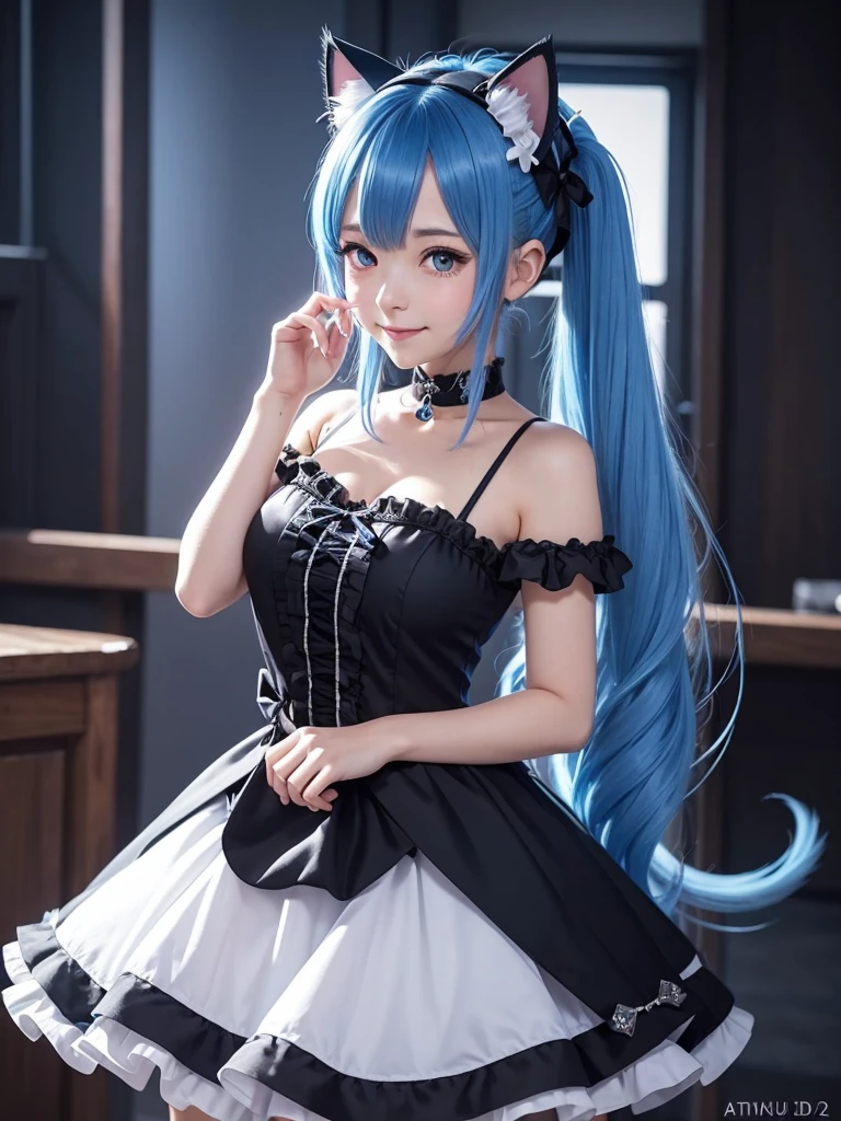 Close-up of a person wearing a dress and cat ears, Anime VTuber Full Body Model, Live2D Virtual Youtuber Model, Full body fairy, Anime Moe Art Style, Anime-style 3D, Single character full body, rimuru, Lori, Cute 3D anime girl render, Cute anime waifu in a nice dress,Masterpiece, best quality, ai-generated, cat Blue ears,
, Blue hair,cowboy shot,black dress, twin tail, curvy,light smile,