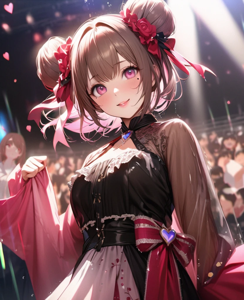 One Girl、Looking at the audience、lovely,
Beautiful pink eyes、Two brown double hair buns , Mole under the eye、Plump and glossy lips、Heart-shaped choca、Idol、Her name is May,smile、ー、。.。.。.。.。.。.。.。.。.。.。.。.。.。.。.。.。.。.3D、Realistic、
The idol's costume was soaked in the heavy rain, and her chest was wet and transparent.Heavy rain at outdoor concert, Drape clothes、gem、The decoration has been removed、Floral、Lace trim,On a glittering stage、
masterpiece、highest quality、8k、Detailed skin texture、Detailed cloth texture、Beautifully detailed face、Intricate details、Very detailed、
超A high resolution、8k Ultra HD、Film Grain、Best Shadow、delicate、Gazing at the audience、front