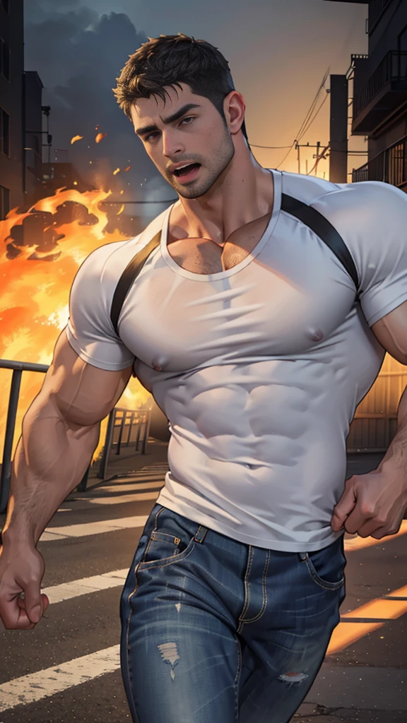 (NSFW: 1.5), Chris Redfield ,(man kneeling: 1.2) , (Seriously injured), (Close your eyes.), Open mouth, show teeth, (Wearing a navy blue round neck T-shirt with a police logo.: 1.3), (Navy blue jeans), Korean guy , korean men, (High gloss details), chest muscles, Big arm muscles, blood vessel, big muscles, Broad shoulders, looking at the audience, Balancing the eyes, (Make eye contact),(Torn shirt: 1.5), (wound: 1.3) , (blood splatters) ,( abrasions on face: 1.5), (Blood stains on the face and body: 1.5) ,(Torn shirt: 1.5) , (Look up: 1.1) , (genital very long big : 1.5), (Big testicles), (Erection of the penis: 1.5), middle of the road,(Fire blazes behind:1.3) 