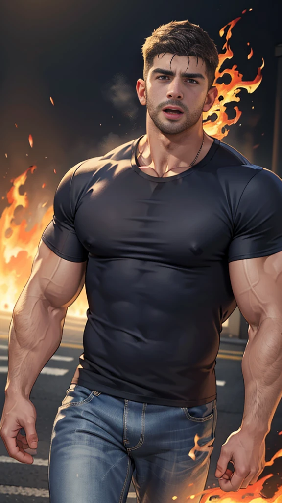 (Create a masterpiece: 1.2),(CGI art:1.3),(realistic:1.5),(After processing:1.3),(Sharp focus:1.3),1 man , straight, front ,Chris Redfield , (round neck T-shirt:1.2) ,Wear color navy round neck T-shirt with a police badge: 1.4), Navy blue jeans, Korean guy , korean men, (High gloss details), chest muscles, large arm muscles, blood vessel, Big muscles, Broad shoulders, looking at the audience, Balancing the eyes, middle of the road ,dark black gloomy hallway in the background, detailed face, shadow, volumetric lighting ,(open mouth:1.6) ,(Fire blazes behind), (run to camara)