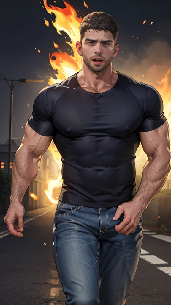 (Create a masterpiece: 1.2),(CGI art:1.3),(realistic:1.5),(After processing:1.3),(Sharp focus:1.3),1 man , straight, front ,Chris Redfield , (round neck T-shirt:1.2) ,Wear color navy round neck T-shirt with a police badge: 1.4), Navy blue jeans, Korean guy , korean men, (High gloss details), chest muscles, large arm muscles, blood vessel, Big muscles, Broad shoulders, looking at the audience, Balancing the eyes, middle of the road ,dark black gloomy hallway in the background, detailed face, shadow, volumetric lighting ,(open mouth:1.6) ,(Fire blazes behind), (run to camara)