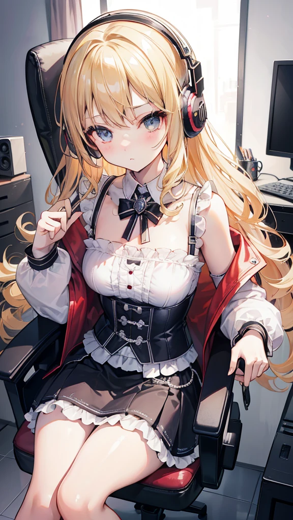 beautiful girl，Blonde curly hair，Modern bedroom，Gaming Chair，坐在Gaming Chair上，(Cool metal headphones)，Lolita Skirt，White，(Dark Lolita)，((Lower chest))，((below the chest))，((Lower breasts))