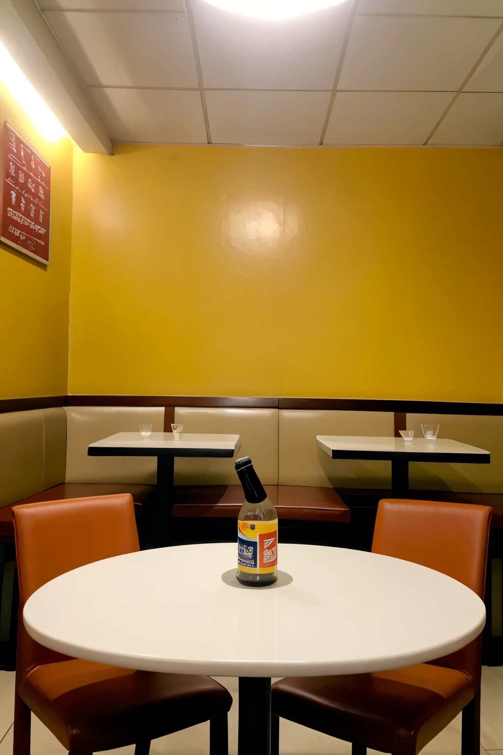 un restaurante, dos sillas , en una silla esta sentado fernanfloo y en otra una pelota y en la mesa esta un pollo a la brasa