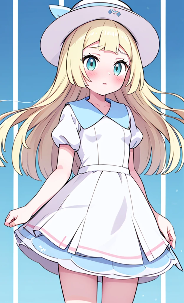 masterpiece,best quality,1 girl,solo,blush with embarrassment,Lillie,Pokémon,White Pleated Dresses,White clothes with light blue collar,Pokémon風の画風,(boldline:1.6),(deluster:1.5),(flat:1.5),White wide-brimmed hat with light blue ribbon,
